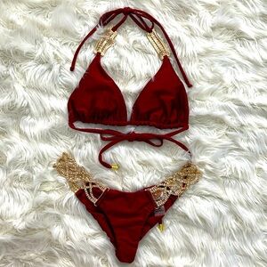 Bikini Crush burgundy red and gold rhinestones triangle string bikini set size M